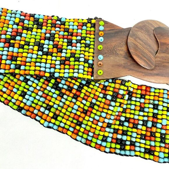 Colorful Seed Bead Wood Clasp Buckle Boho Festival Ethnic Tribal Stretch Belt - Picture 3 of 9